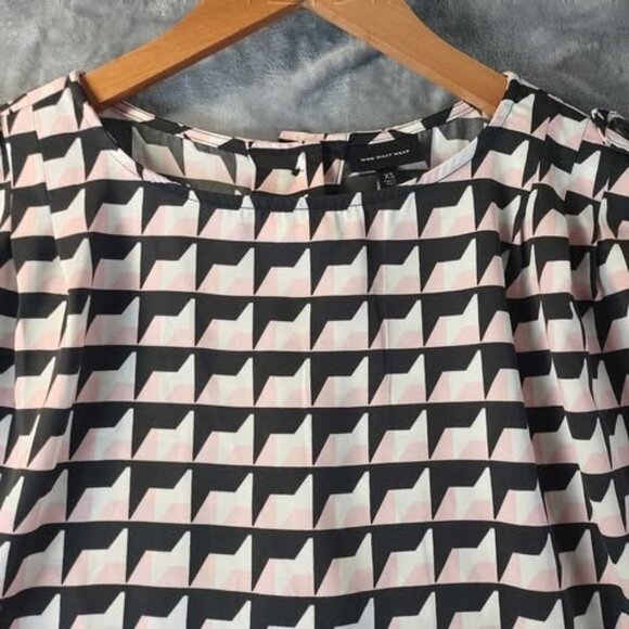 Who What Wear Geometric Print ShortSleeve Button Back Pink Black Gingham Top XS - Picture 6 of 9